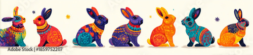 Colorful rabbits in a row sitting.