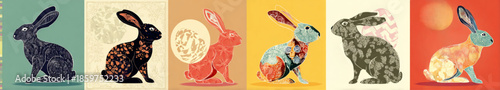 Colorful rabbits in different poses.