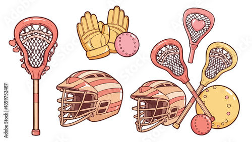 Lacrosse sticks helmets gloves and balls collection vector illustration for sport equipment and game accessories 