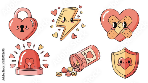 Romantic love icons set with heart lock, lightning bolt, bandaged heart, pills, siren, and shield in soft pastel pink and beige colors for Valentine’s Day celebration 