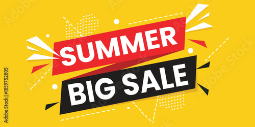 PrintSummer Big Sale vector banner with bold red and black typography on bright yellow background. Modern seasonal promotion template with abstract geometric elements for retail marketing and shop ads