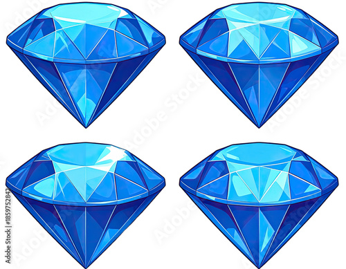 Four cartoon-style gems. Diamonds displayed, varying shades of blue, all set against black background
