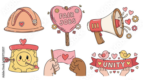 Workers solidarity and unity icons with heart symbols promoting fair jobs and equality in soft pastel colors vector illustration 