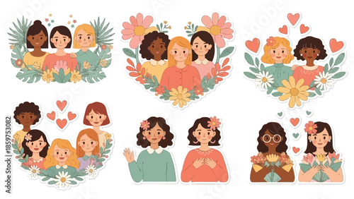 Diverse group of women celebrating love and friendship with flowers and hearts vector illustration 