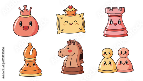 Cute cartoon chess pieces set with king queen rook bishop knight and pawns vector illustration 