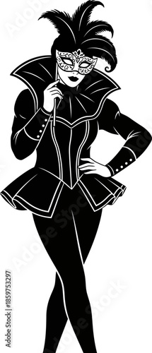 Woman in costume wearing elaborate feathered masquerade mask