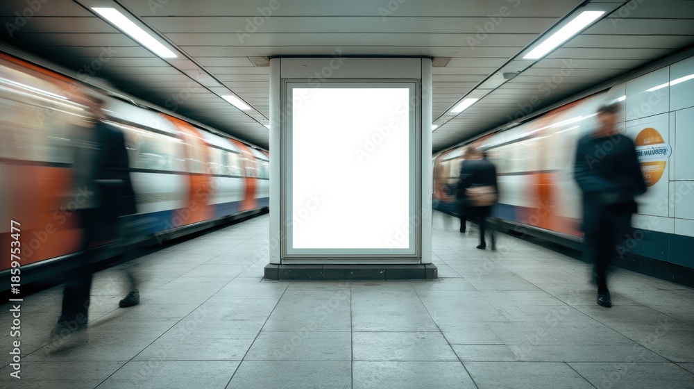 Fototapeta premium People hurry through a train station while a train passes by on one side. An empty advertisement space is visible in the center. The scene captures evening rush hour activity.