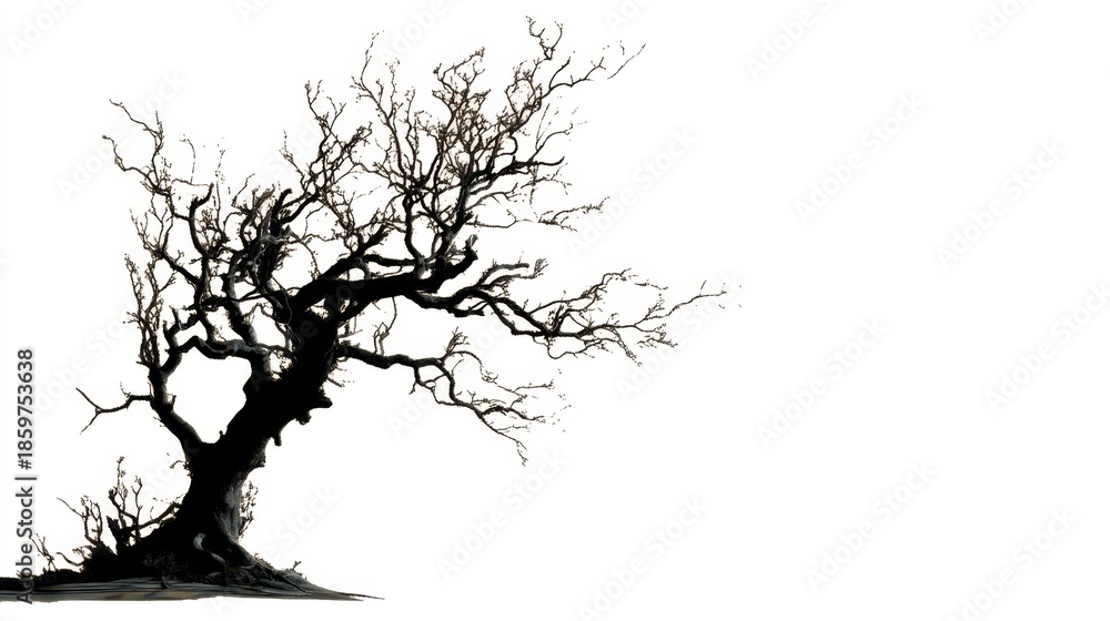 Fototapeta premium A tree with dark twisted branches is in the foreground. It stands isolated against a white background. The setting appears empty with no other elements nearby.