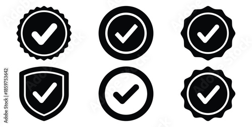 A black silhouette of a  user verification badge icon set. Simple graphic element.