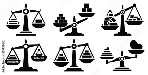 A black silhouette of a  workload balance scale icon set. Simple graphic element.