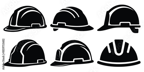 A black silhouette of a  workplace safety helmet icon set. Simple graphic element.