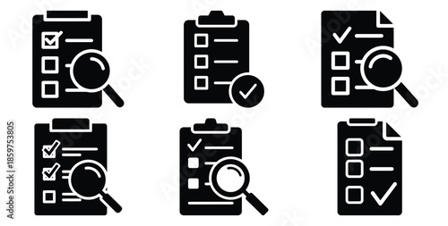 A black silhouette of a  code review checklist icon set. Simple graphic element.