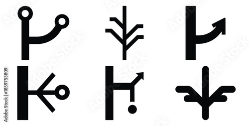 A black silhouette of a  code repository branch icon set. Simple graphic element.