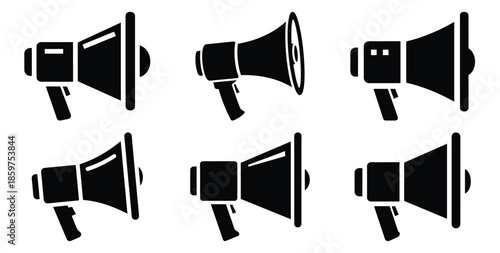 A black silhouette of a  company announcement megaphone icon set. Simple graphic element.