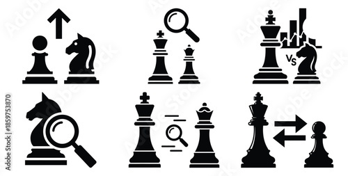 A black silhouette of a  competitive analysis chess icon set. Simple graphic element.