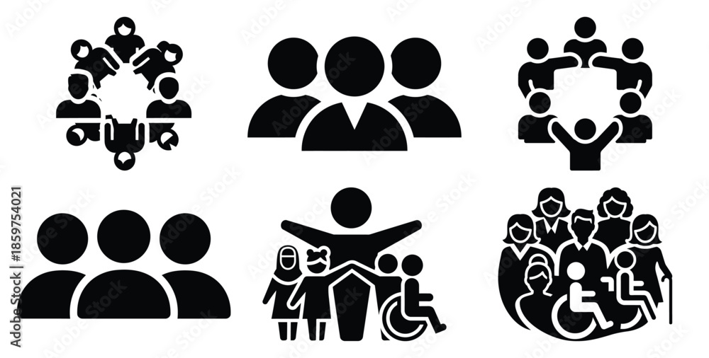 Fototapeta premium A black silhouette of a diversity inclusion group icon set. Simple graphic element.
