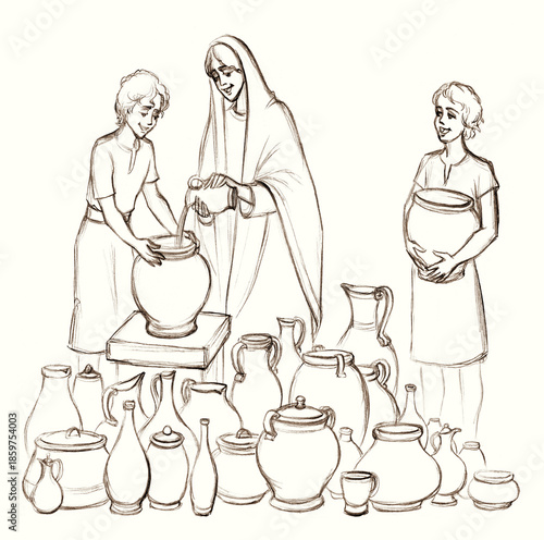 Pencil drawing. Multiplying oil according to Elisha's advice