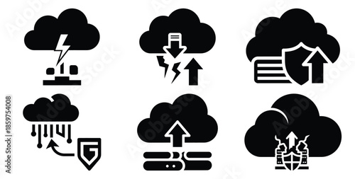 A black silhouette of a  disaster recovery cloud icon set. Simple graphic element.