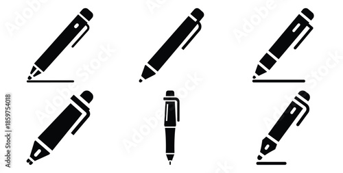 A black silhouette of a  digital signature pen icon set. Simple graphic element.