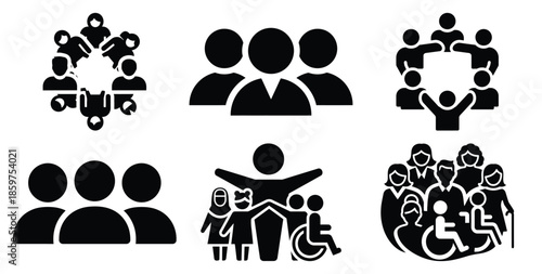 A black silhouette of a  diversity inclusion group icon set. Simple graphic element.