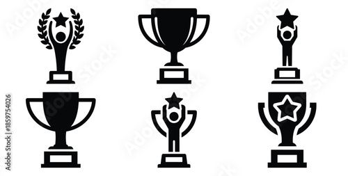 A black silhouette of a  employee recognition trophy icon set. Simple graphic element.
