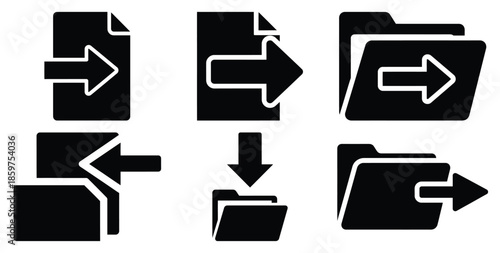 A black silhouette of a  export file arrow icon set. Simple graphic element.