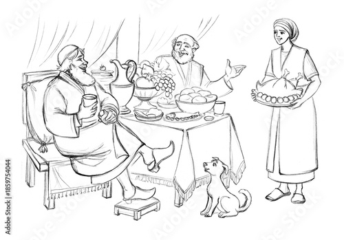 Fotografie Pencil drawing. The rich man is feasting
