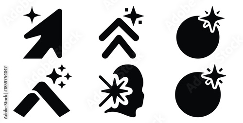 A black silhouette of a  feature update sparkle icon set. Simple graphic element.