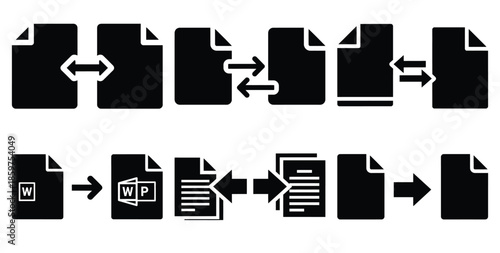 A black silhouette of a  file format convert icon set. Simple graphic element.