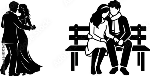 Couple dancing closely and sitting together on park bench outdoors