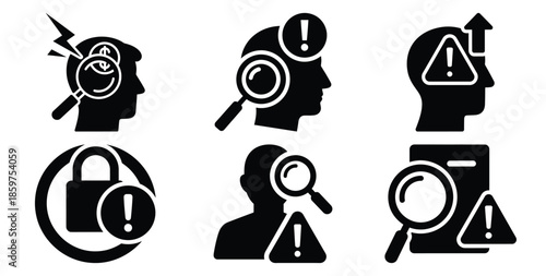 A black silhouette of a  fraud detection alert icon set. Simple graphic element.