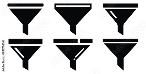 A black silhouette of a  funnel drop off icon set. Simple graphic element.