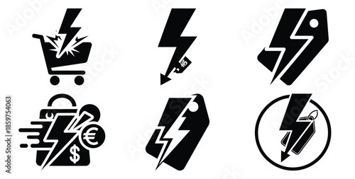 A black silhouette of a  flash sale lightning icon set. Simple graphic element.