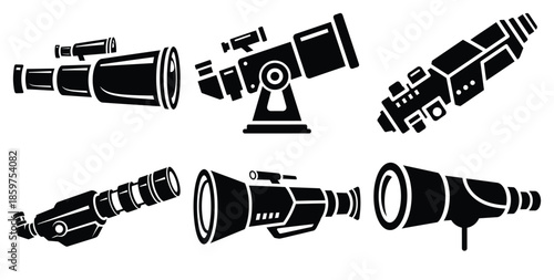 A black silhouette of a  future vision telescope icon set. Simple graphic element.