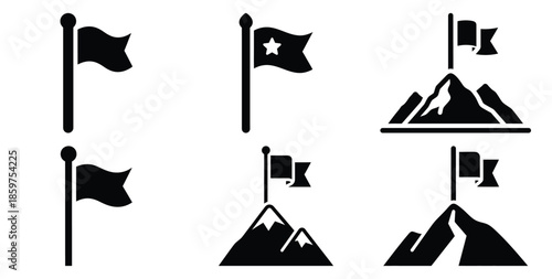 A black silhouette of a  long term goal flag icon set. Simple graphic element.