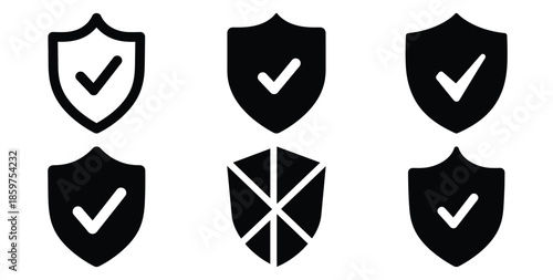 A black silhouette of a  malware protection shield icon set. Simple graphic element.