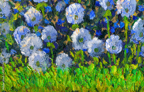 Oil painting. Light dandelion flowers