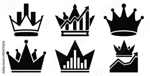 A black silhouette of a  market leadership crown icon set. Simple graphic element.