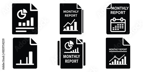 A black silhouette of a  monthly report document icon set. Simple graphic element.