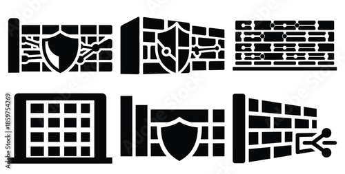 A black silhouette of a  network firewall barrier icon set. Simple graphic element.