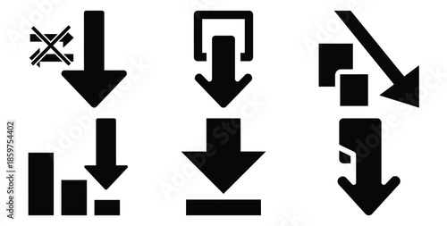 A black silhouette of a  plan downgrade arrow icon set. Simple graphic element.