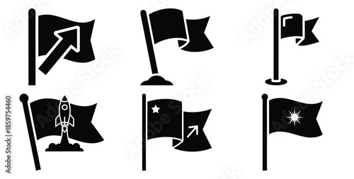 A black silhouette of a  project kickoff flag icon set. Simple graphic element.