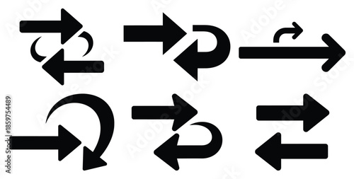 A black silhouette of a  pull request arrows icon set. Simple graphic element.