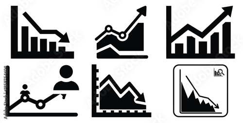 A black silhouette of a  retention analytics chart icon set. Simple graphic element.