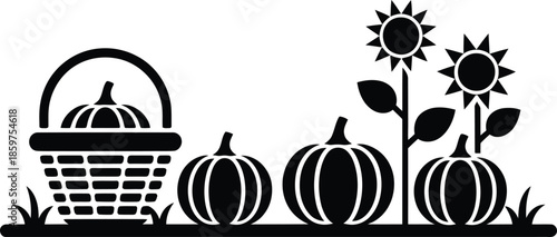Black and white pumpkin basket with sunflowers and pumpkins, harvest icon