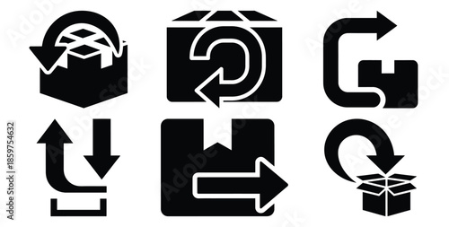 A black silhouette of a  return package arrow icon set. Simple graphic element.