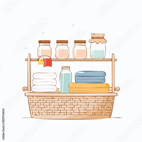 A serene bathroom scene with a wicker basket holding towels and jars on a shelf, viewed from the front.