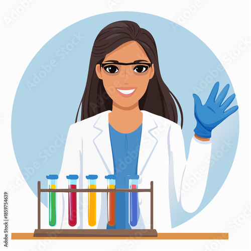 A female scientist in a lab coat gestures while standing behind a rack of colorful test tubes filled with various liquids