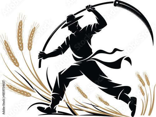 Harvester with scythe and wheat, farming icon for agriculture and labor concepts