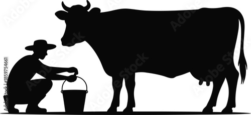 Farmer milking cow silhouette for agriculture and dairy farming concept, black icon